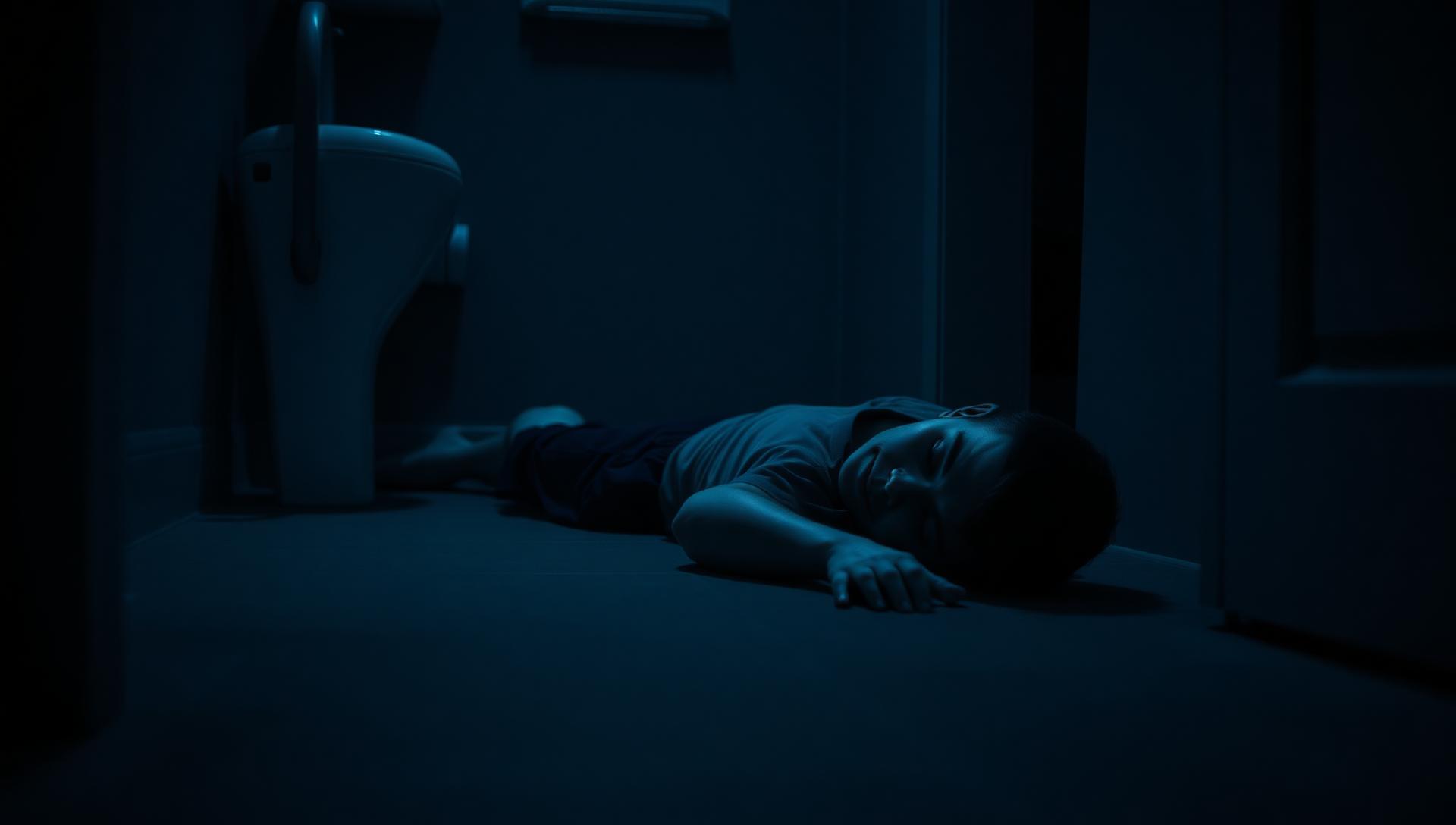 Jovem caído no chão em ambiente escuro, retratando o risco de morte do uso contínuo de drogas